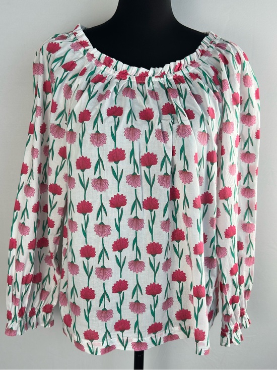 Tops - J.Crew Pink Floral Cotton Peasant Blouse Women’s Size M